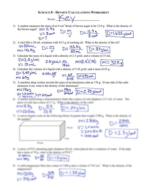 Density is a measure of the amount of mass in a certain volume. . Density calculation worksheet answer key